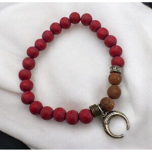 Red Wooden Beaded Bracelet with Celtic Double Horn Charm CFC Silver Tone Boho